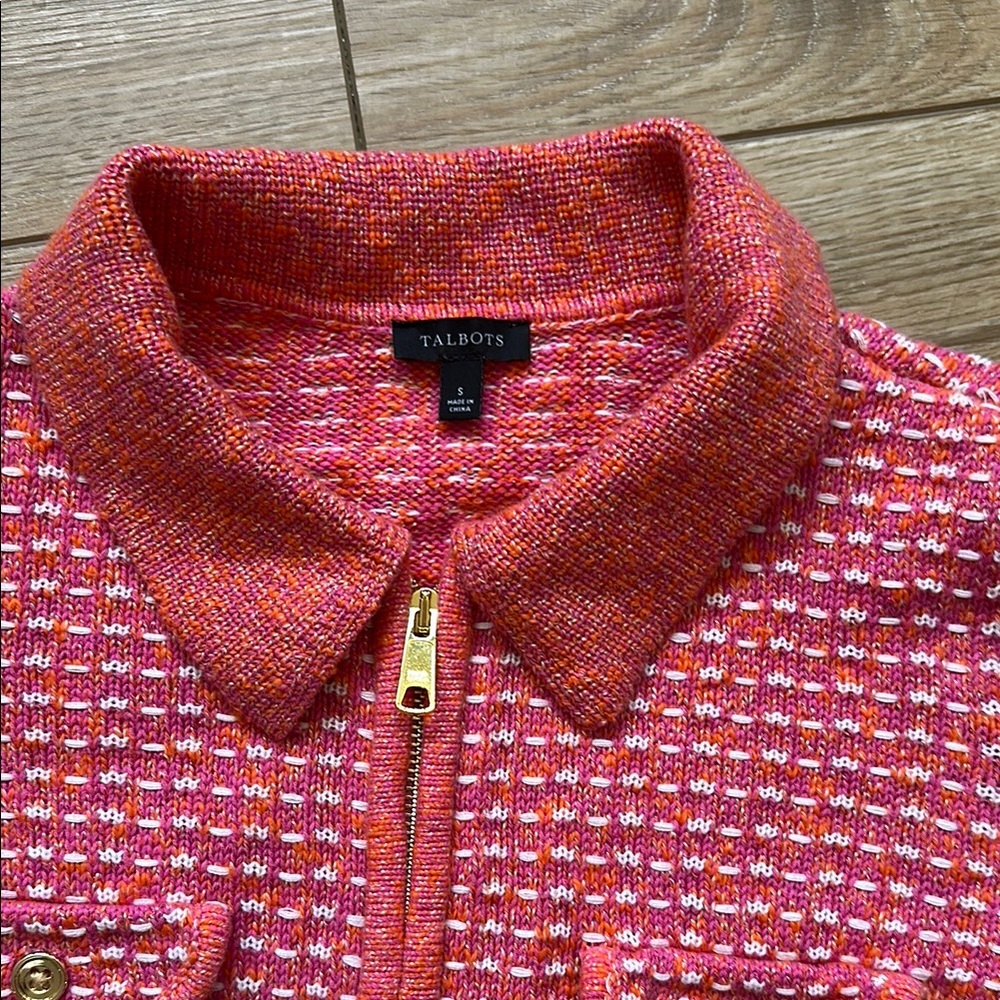 Talbots Pink White and Orange Tweed Sweater Jacket with Gold Accents Size S - Picture 3 of 11